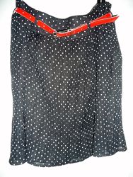 Летняя шифоновая юбка черная в горошек с ремешком, р.48