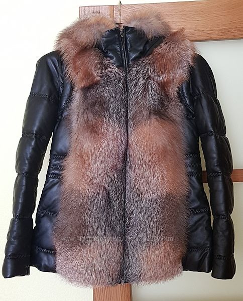 Кожаная куртка пуховик с канадской лисой 40 р.