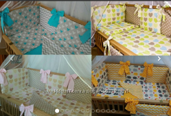 Двусторонние комплектыиз польских тканей 7 предметов в кроватку новорожденн