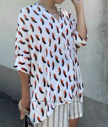  Блуза оверсайз асимметричной длины с ярким принтом , Италия, скидка