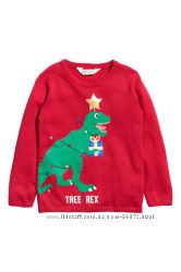 H&M Яркий вязанный джемперочек с новогодним принтом Динозавр для 2-4 лет