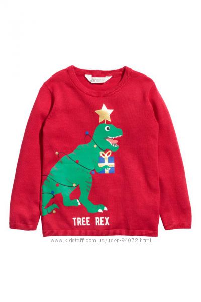H&M Яркий вязанный джемперочек с новогодним принтом Динозавр для 2-4 лет