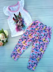 Летний костюм для девочки майка и брюки размер 28, 32 розовый с бабочка