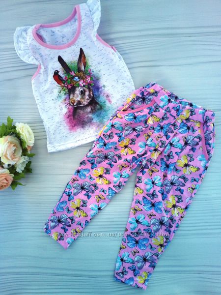 Летний костюм для девочки майка и брюки размер 28, 32 розовый с бабочка