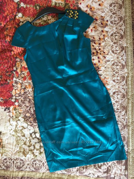 Нарядное атласное платье бирюзового цвета с камнями. oodji. р. 46