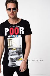 фирменная мужская футболка DE FACTO черного цвета с надписью Poor