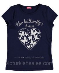 синяя футболка для девочки LC Waikiki с сердцем с бабочками на груди