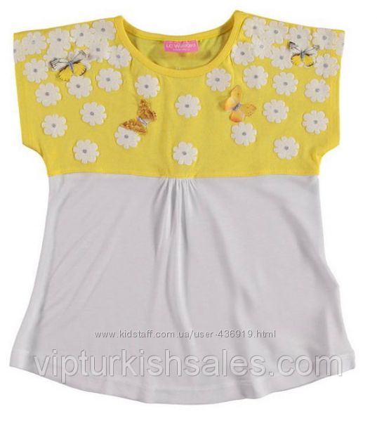 белая футболка для девочки LC Waikiki с желтыми плечами в бабочки и цветочк