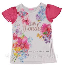белая футболка для девочки LC Waikiki с розовыми рукавами и цветами