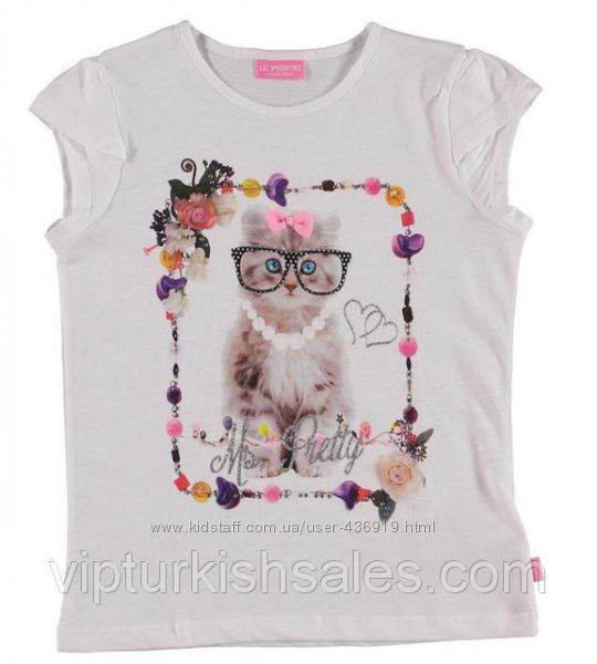 белая футболка для девочки LC Waikiki с котиком в очках на груди
