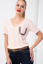 розовая женская футболка HAPPINESS с карманом на груди , фирменная Турция