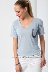 голубая женская футболка HAPPINESS с карманом на груди , фирменная Турция