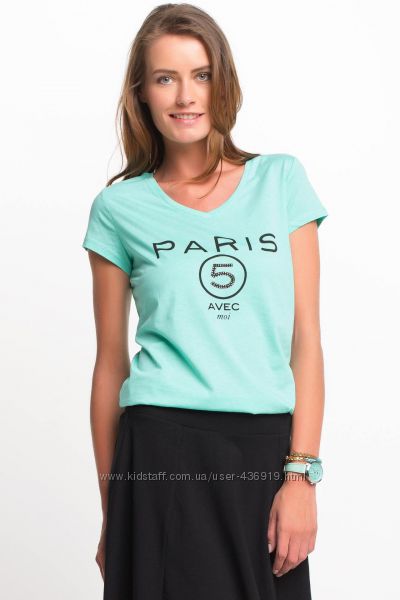 голубая женская футболка De Facto с надписью paris 5. фирменная Турция