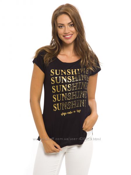 черная женская футболка Lc Waikiki  Лс Вайкики с золотой надписью SUNSHINE