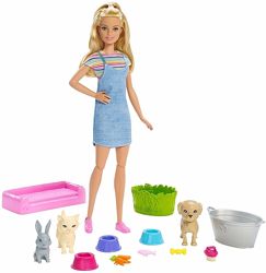 Кукла Барби с щенком, котенком и кроликом Купай и играй Barbie Wash Pets