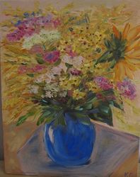 Картина Букет польових квітів у синій вазі, холст, масло