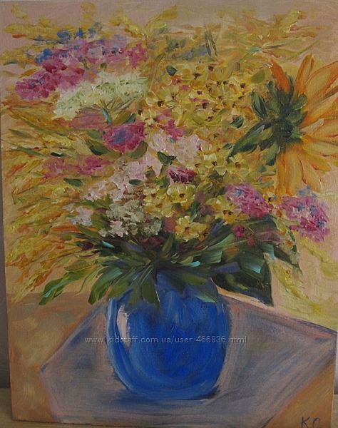 Картина Букет польових квітів у синій вазі, холст, масло