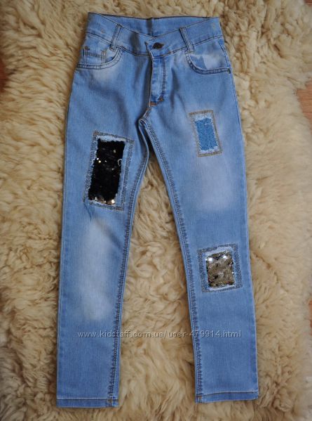 Модные джинсы для девочки, пайетки перевертыши, Турция, от 6 до 12 лет