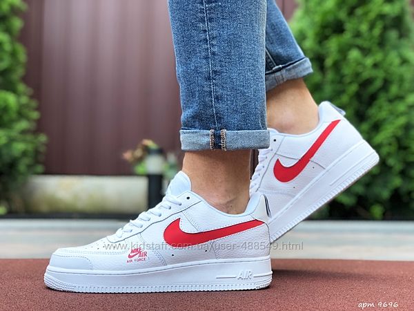  Кроссовки мужские Nike Air Force 1, белые с красным