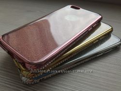 Двойной золотой прозрачный силиконовый чехол iphone 6 6s ободок c камущками