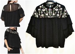 Стильная воздушная черная блуза с вышивкой цветы