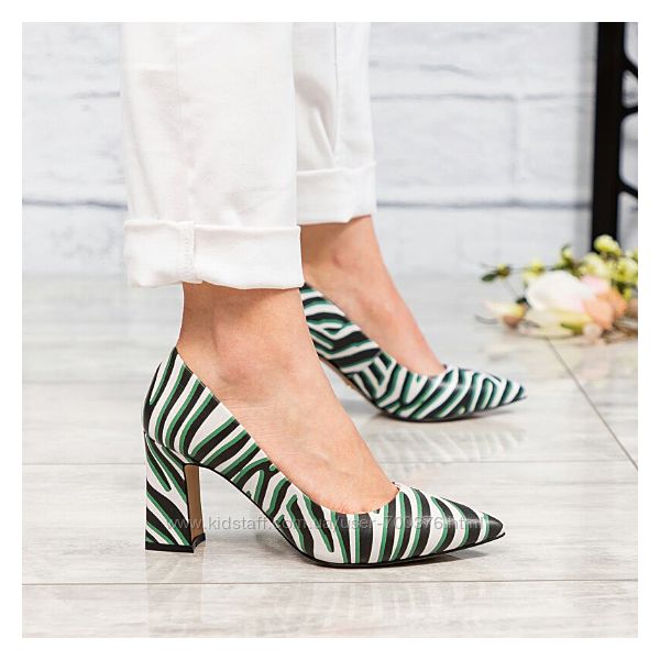 Туфли - лодочки, натуральная кожа, зебра зеленая