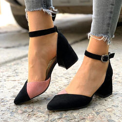 Туфли, натуральная замша, с острым носком, чёрные/розовый. материал натура