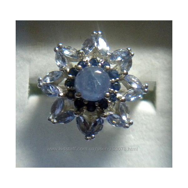 Красивое кольцо цветок танзаниты сапфир сереб925