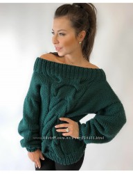 Вязаный женский свитер с косой оверсайз Oversize крупная вязка объёмный руч
