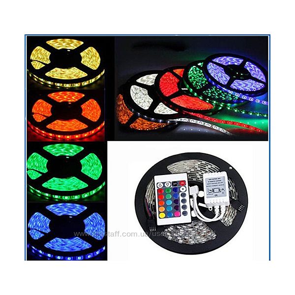 Светодиодная лента RGB 5 м, разноцветная, блок питания, пульт. LED 
