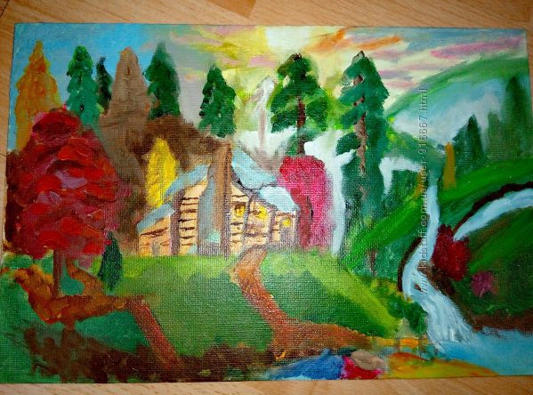 картина маслом домик в лесу