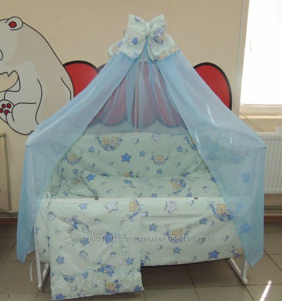 505грн Bonna 9 в 1 Детское постельное белье в кроваткуголубое Тэдди в гамак