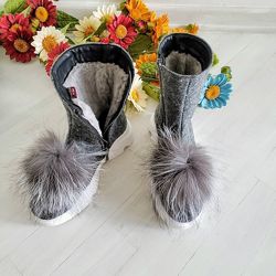 Ботинки с помпоном из чернобурки, деми и зима