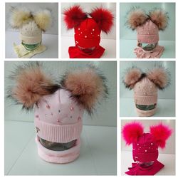 АкцияМегастильный набор комплект для малышек шапка с помпоном и шарф Польша