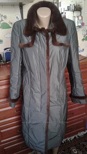  Saga furs шикарное стальное пальто-пуховик на тинсулейте с отделкой норкой