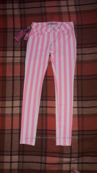 Джинсы штаны трикотажные в вертикальную полоску розовую белую