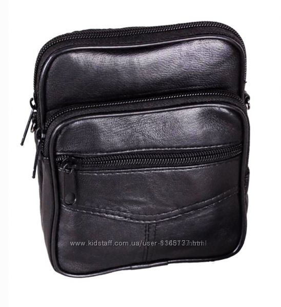 Кожаная мужская сумка 303702 черная барсетка через плечо на пояс 16х14х5см