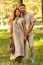 Комплект з натурального льону - чоловіча сорочка і жіноча довга сукня