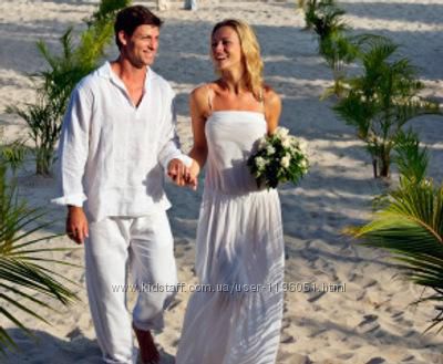 Белоснежный свадебный комплект одежды из льна пляжная церемония. XS-10XXL