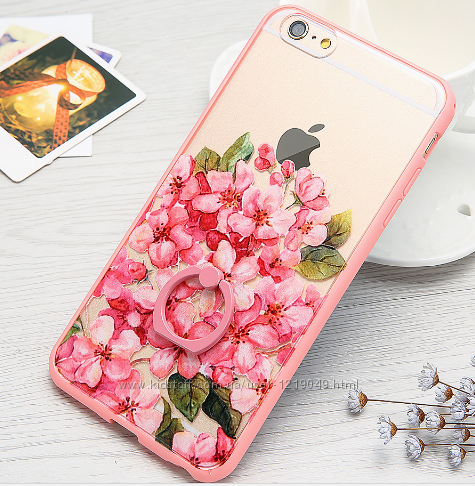 Чехол с цветами пластик и розовый ободок силикон для IPhone 6 6S