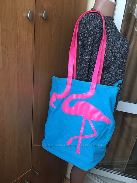 Большая натуральная летняя сумка с фламинго 