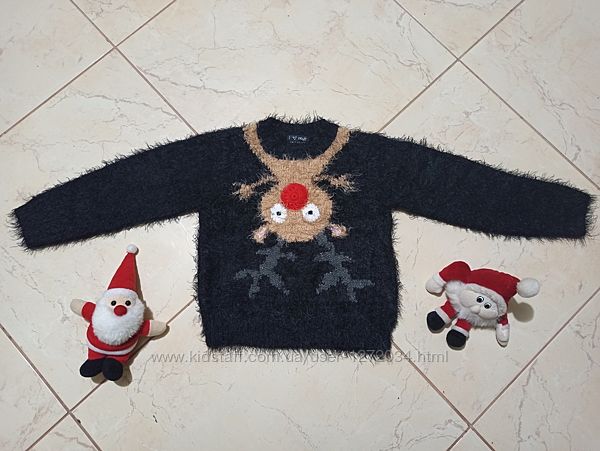 Новогодний праздничный свитер Next на 5-6 лет, реглан кофта с оленями
