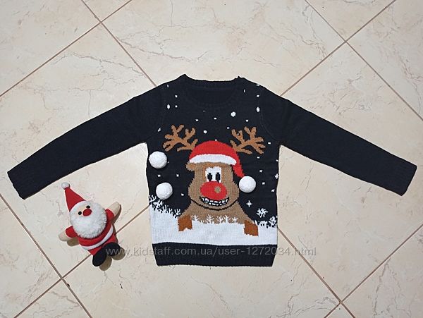 Новогодний праздничный свитер реглан кофта с оленями на 5-6 лет