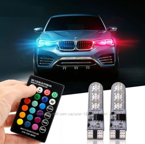 Автомобильные цветные лампы габаритов, ходовые огни RGB LED T10 W5W  