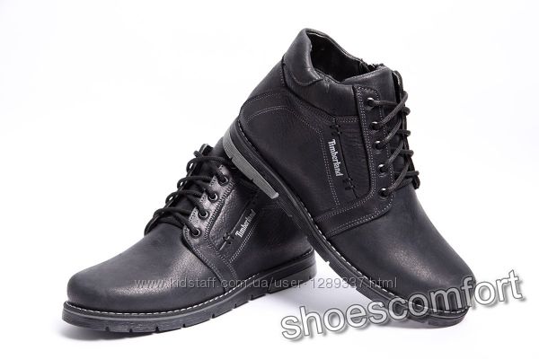 Зимние кожаные ботинки Timberland T - 345 черные шнурок и молния