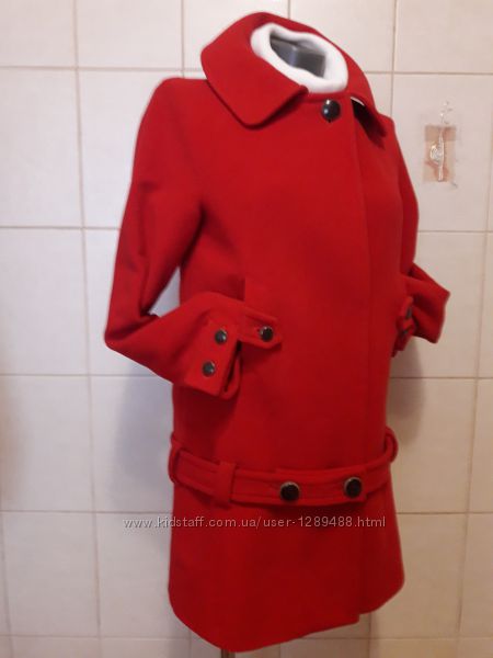  Эффектное, оригинальное, 70шерсти, яркое красное пальто Zara Basic, с пояс