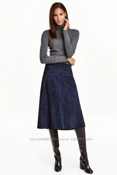Замшевая юбка миди  H&M PREMIUM XS и S кожа синий  за колено подкладка