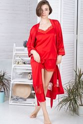 Комплект шелковый пижама с удлиненным халатом К1104п Красный