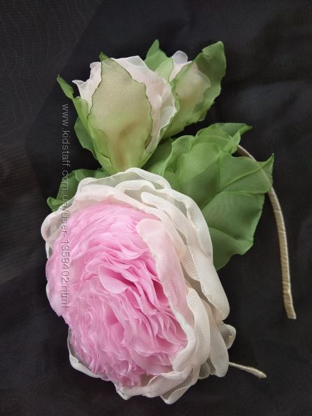 Обруч Английская роза, ободок, веночек, цветы из шифона и атласных лент 