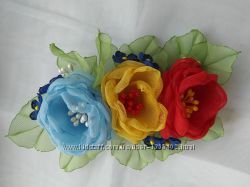 Заколка,  резинкс в Украинском стиле,  цветы из шифона 